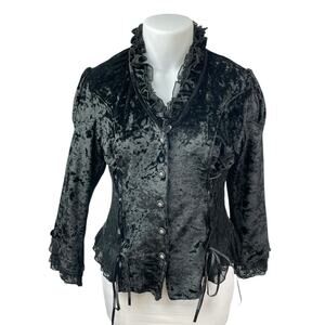 Pretty Angel Women's Black Crushed Velvet Velour Ruffle Gothic Coat Jacket Sz XL